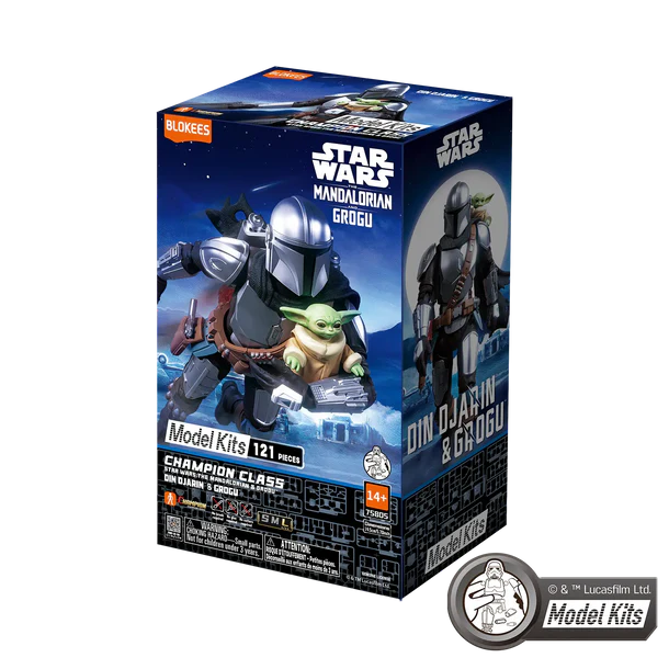 Star Wars model kit packaging featuring characters from the Mandalorian and Yoda.