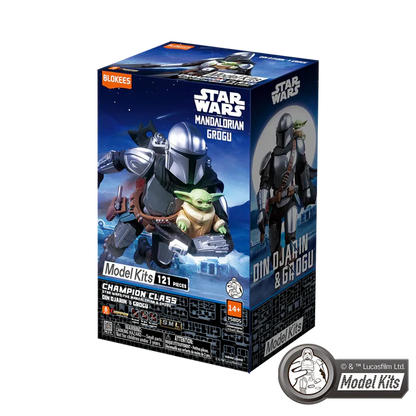 Star Wars model kit packaging featuring characters from the Mandalorian and Yoda.