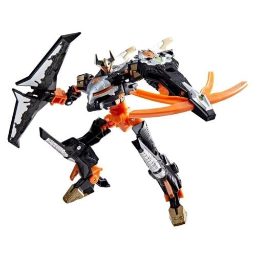Toy robot with black, orange, and white design on a white background