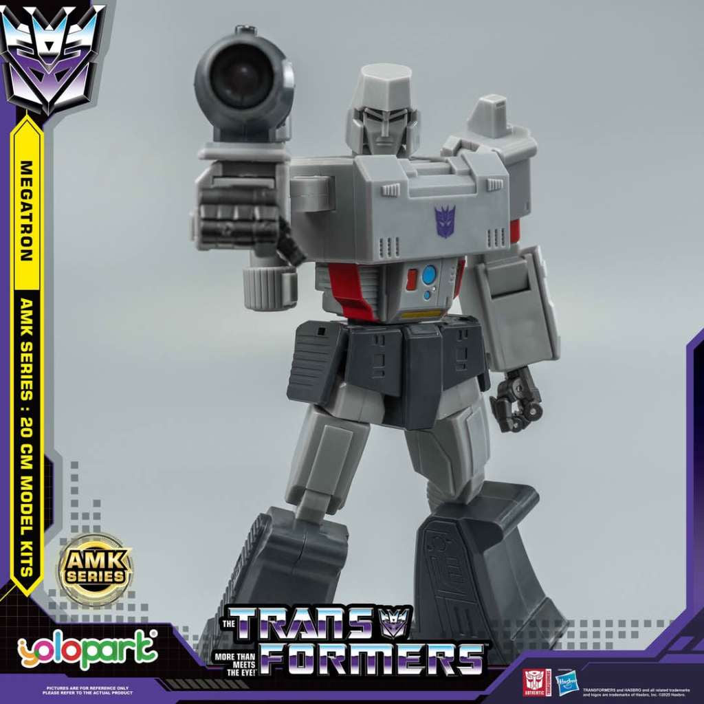 Transformers Megatron action figure with branding and product details on a gray background