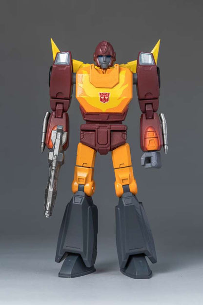 Transformers action figure with red and yellow color scheme on a gray background