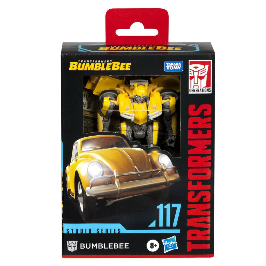 Transformers Bumblebee toy figure packaging with yellow car and robot, Hasbro logo.