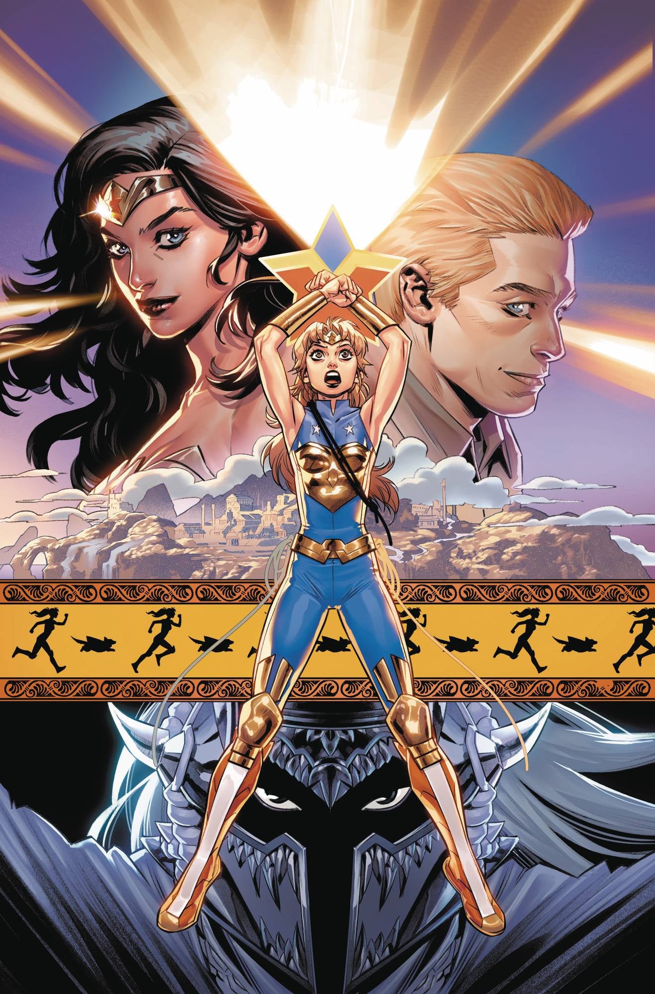 Comic book-style illustration of a superheroine with a cityscape and characters in the background
