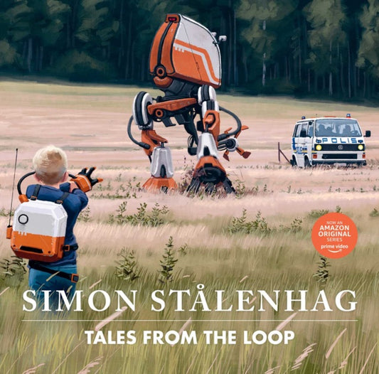 Book cover of 'Tales from the Loop' by Simon Stålenhag with a robot and child in a field.