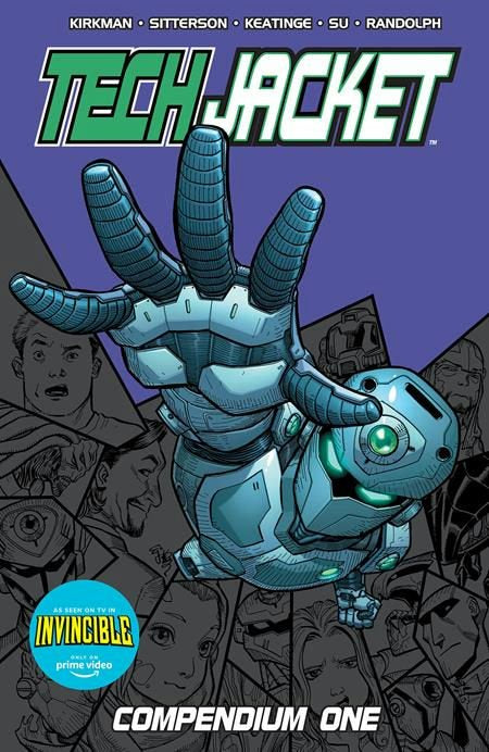 Comic book cover of 'Tech Jacket' with a robot hand and character silhouettes on a purple background.