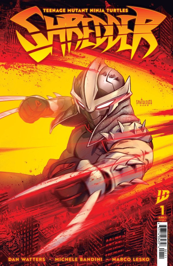 Comic book cover featuring Shredder from Teenage Mutant Ninja Turtles with a red and yellow background.