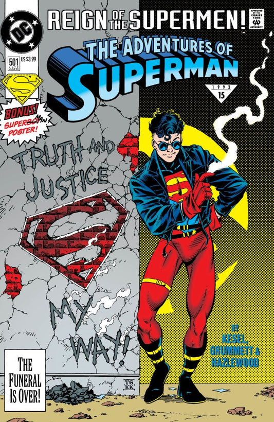 Comic book cover for DC Comics' The Adventures of Superman, issue #51, featuring Superman standing in front of a split gray and yellow background with the words 'Reign of the Supermen!' and 'Truth and Justice My Way!'.
