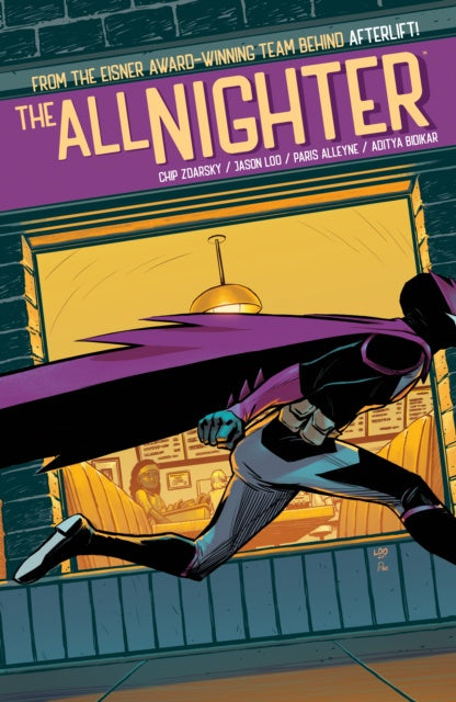 Comic book cover of 'The Allnighter' with a character in a purple cape flying past a building entrance.