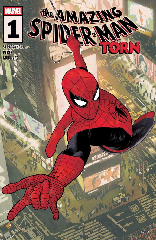 Comic book cover of 'The Amazing Spider-Man' with Spider-Man in a dynamic pose over a cityscape.
