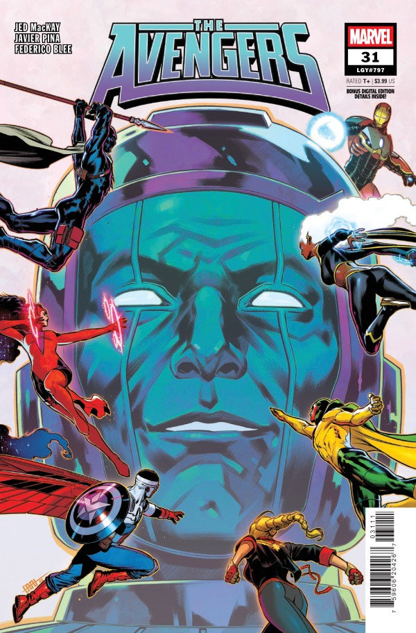 Comic book cover featuring Avengers characters with a large face in the background