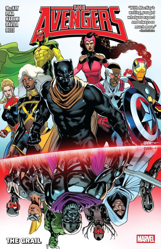 Front cover of Marvel's The Avengers: The Grail comic book, featuring multiple illustrated superhero characters including Captain America, Iron Man, Black Widow, Hawkgirl, and others in a dynamic comic-style collage on a white background.