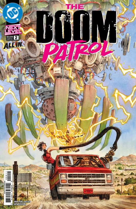 Comic book cover for The Doom Patrol Issue 2, featuring a red truck driving through a desert landscape while emitting yellow lightning bolts, with large metallic mechanical structures and the title 'The Doom Patrol' in bold text at the top.