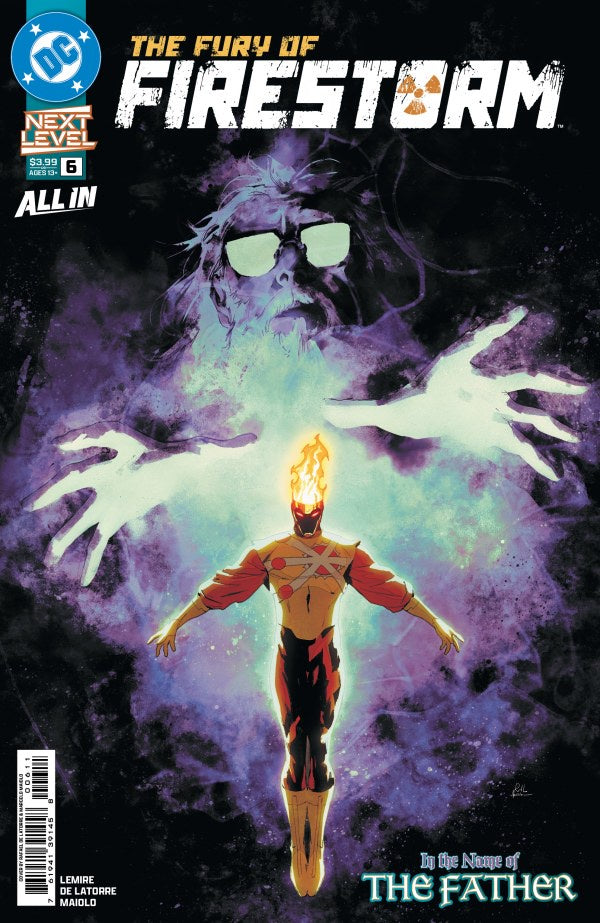 Comic book cover for DC Comics' The Fury of Firestorm #6, featuring Firestorm floating forward with glowing orange flames for a head, surrounded by purple and blue energy effects and white hands reaching out. The title 'THE FURY OF FIRESTORM' appears at the top, with the DC logo in the upper left corner.