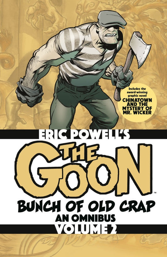 Comic book cover of 'The Goon' with a character holding an axe on a gold and black background.