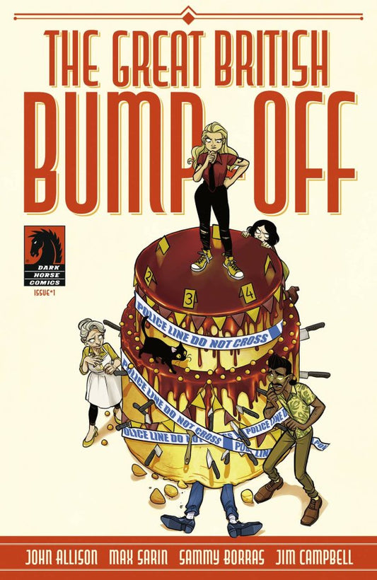 Comic book cover titled 'The Great British Bump Off' with illustrated characters around a cake.