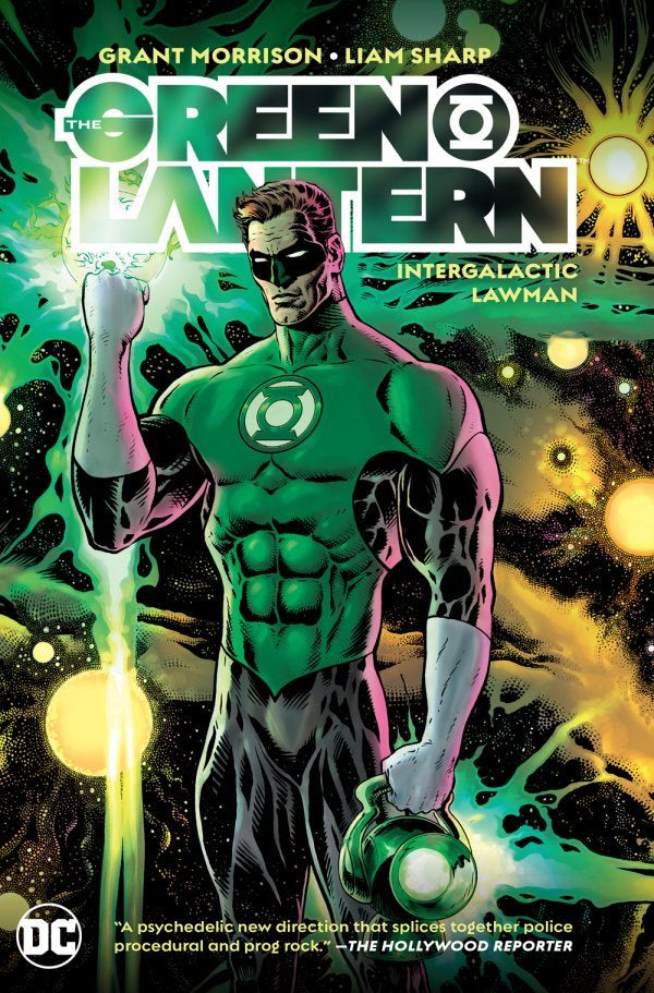 Front cover of the comic book The Green Lantern: Intergalactic Lawman, featuring Grant Morrison and Liam Sharp artwork with a muscular Green Lantern in a green suit holding a glowing lantern, set against a cosmic background. The DC logo appears at the bottom left.