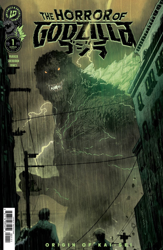 Comic book cover of 'The Horror of Godzilla' with a giant monster in a cityscape.