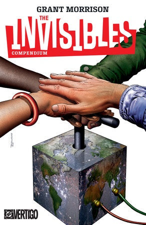 Cover of 'The Invisibles Compendium' with hands on a control panel and Vertigo logo.