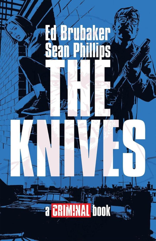 Book cover of 'The Knives' by Ed Brubaker and Sean Phillips with a stylized illustration of a character holding a gun.