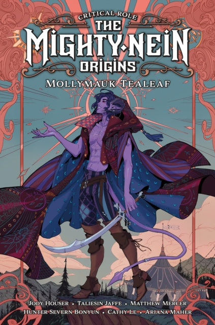 Book cover of 'The Mighty Nein Origins: Mollymauk Tealeaf' with a character illustration and decorative elements.