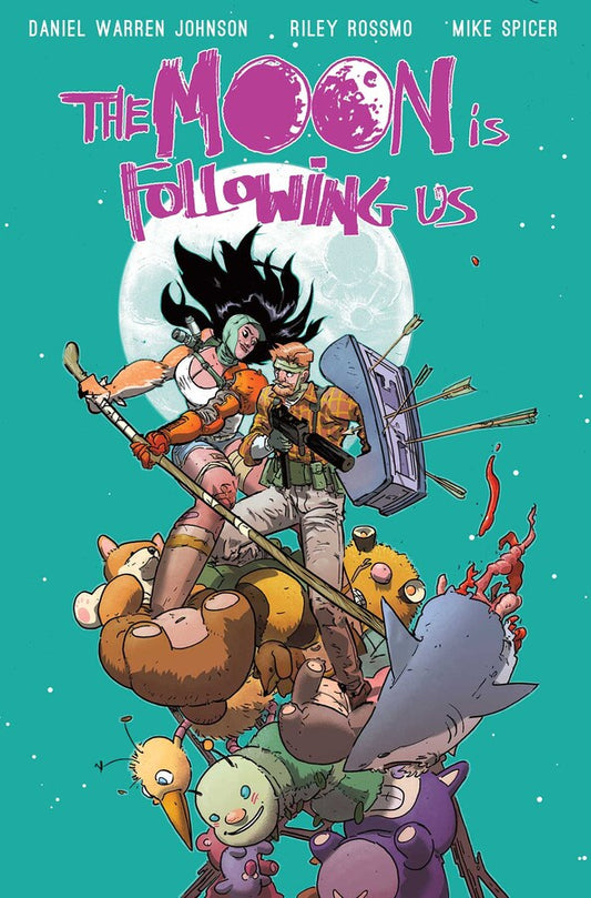 Comic book cover titled 'The Moon is Following Us' with characters and a moon in the background.