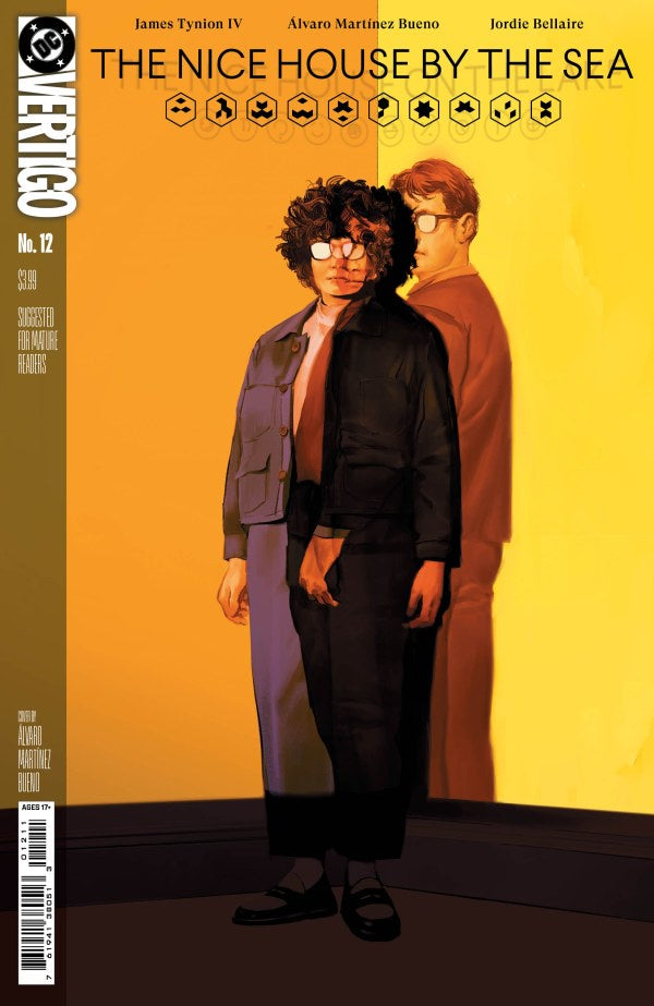 Comic book cover for The Nice House by the Sea No. 12, featuring illustrated characters in a warm yellow-orange setting with a large reflection effect.