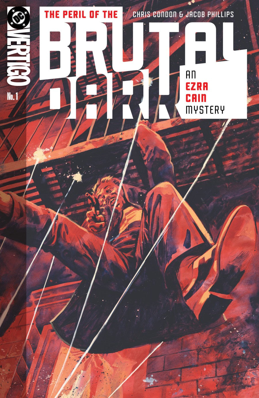Comic book cover of 'The Peril of the Brutal Devil' featuring a dramatic scene with a person on the ground.
