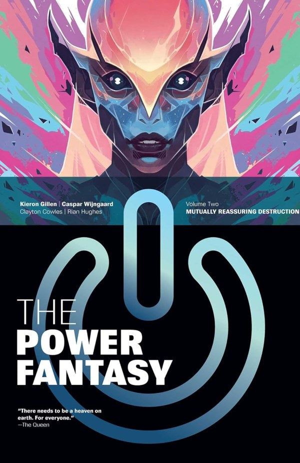 Book cover of 'The Power Fantasy' with a futuristic character and logo.
