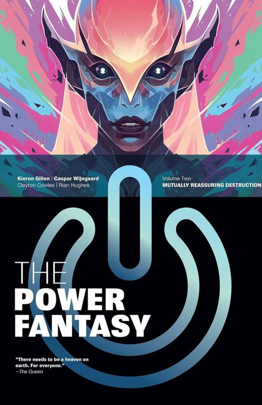 Book cover of 'The Power Fantasy' with a futuristic character and logo.