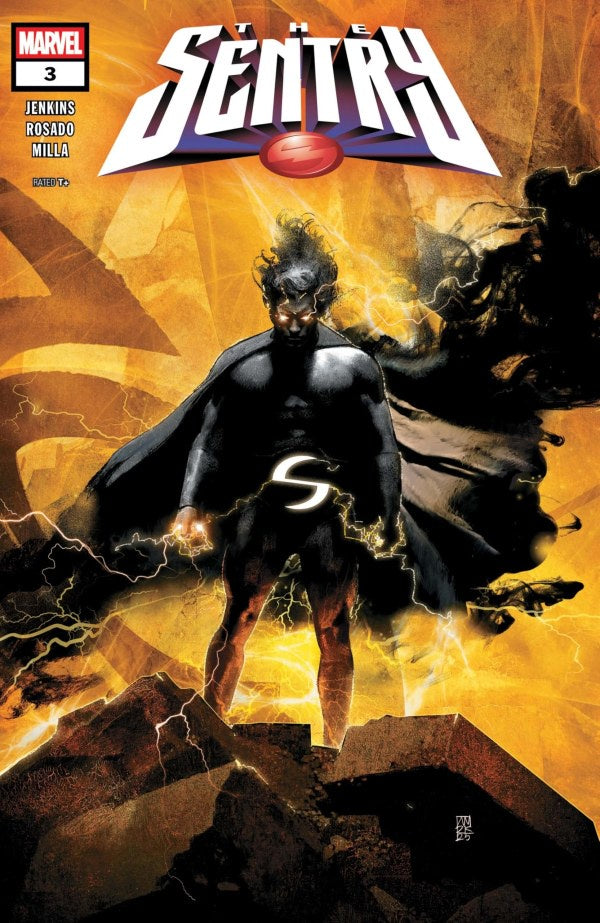 Comic book cover featuring a superhero in a black suit with a large 'S' emblem, set against a fiery background.