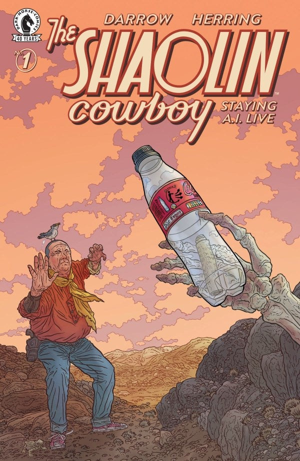 Comic book cover of 'The Shaolin Cowboy' with a bottle and desert landscape.
