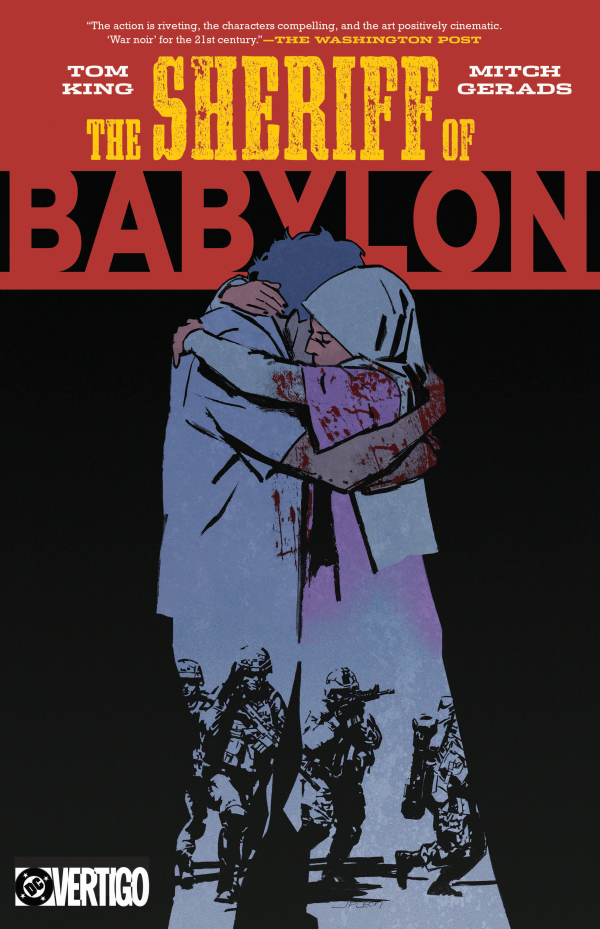 Comic book cover of 'The Sheriff of Babylon' with a figure holding a bloodied bag and soldiers in the background.