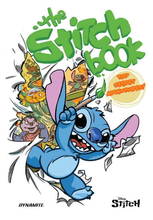 Cover of 'The Stitch Book' with cartoon character holding a weapon, Dynamite logo, and Disney Stitch branding.