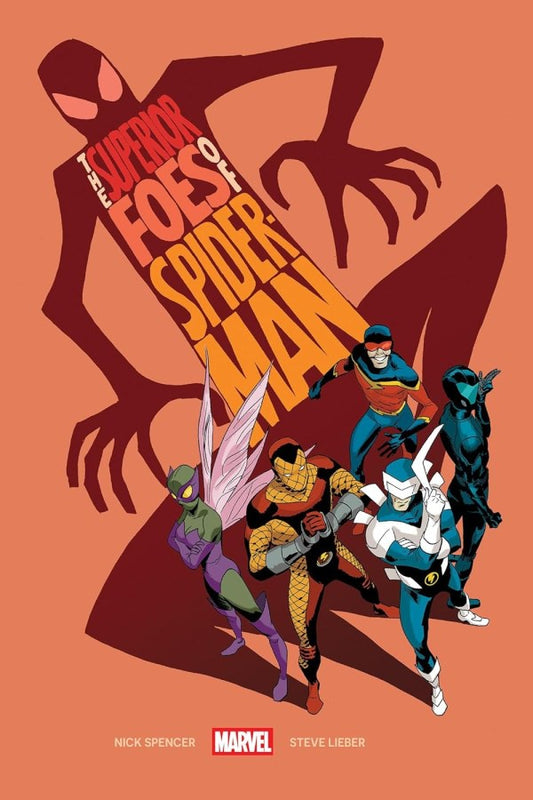 Comic book cover featuring superhero characters with a large red hand silhouette on an orange background.