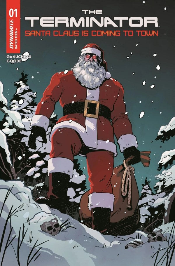 Comic book cover featuring Santa Claus with a Terminator helmet in a snowy landscape.