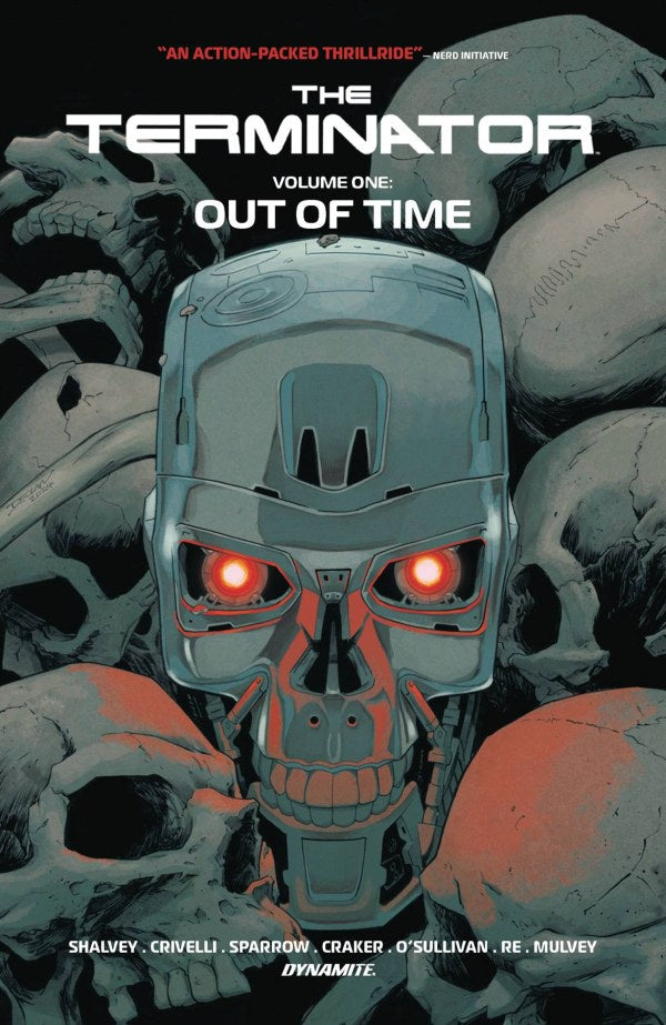 Comic book cover of 'The Terminator' with a robot in front of skulls