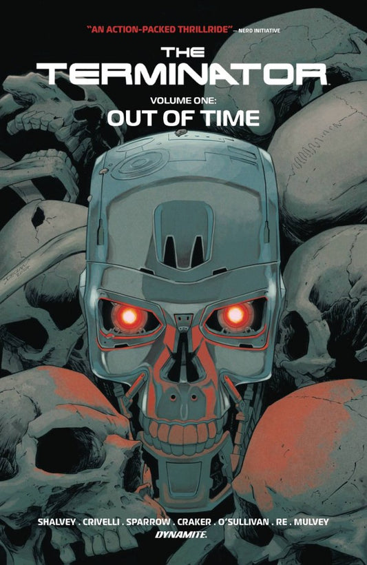 Comic book cover of 'The Terminator' with a robot in front of skulls