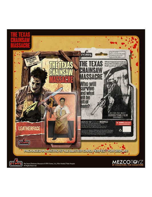 Mezco Toyz The Texas Chainsaw Massacre Leatherface action figure packaging with retro-style blaster card.