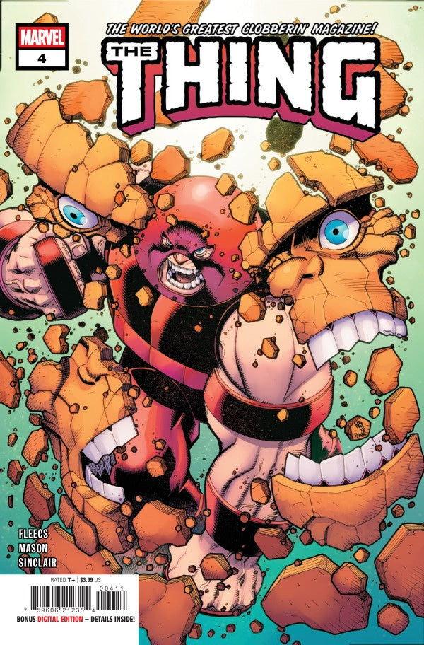 Comic book cover of 'The Thing' with the juggernaut smashing the thing into pieces