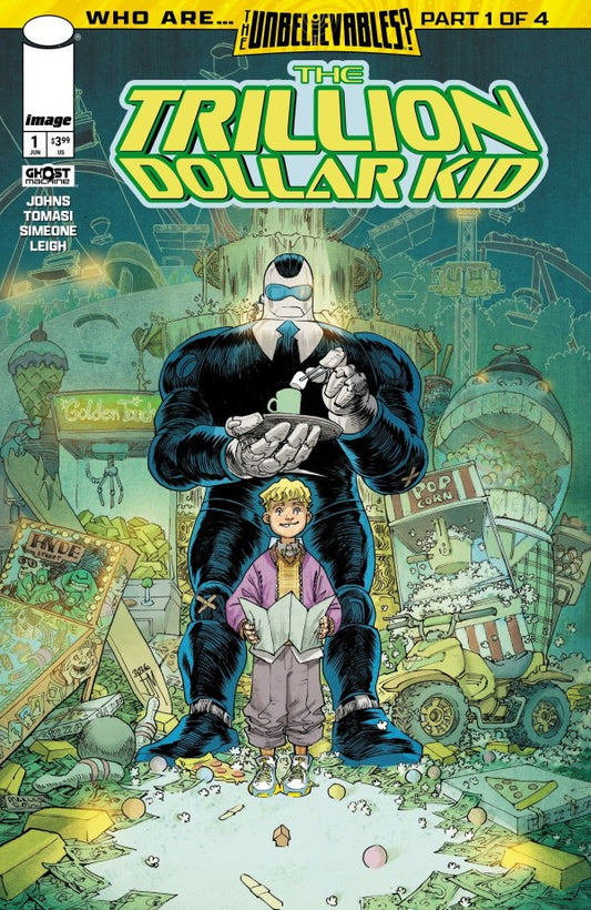 Comic book cover featuring a superhero holding a child amidst a chaotic urban scene.