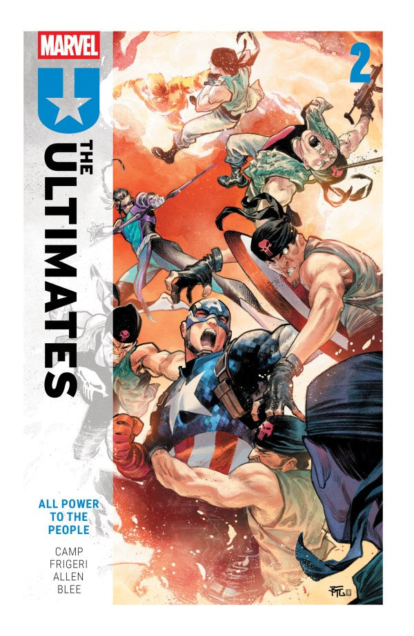 Comic book cover of 'The Ultimates' with superhero characters in action poses.