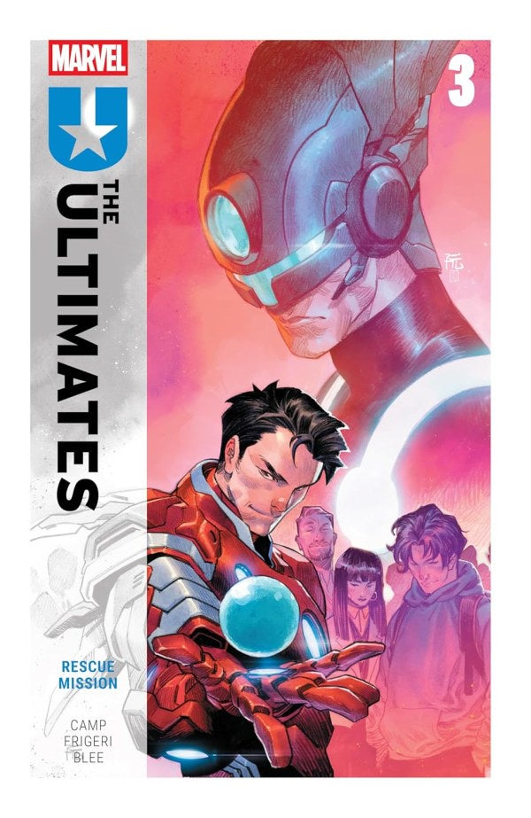 Comic book cover of 'The Ultimates' with superhero characters on a red and pink background
