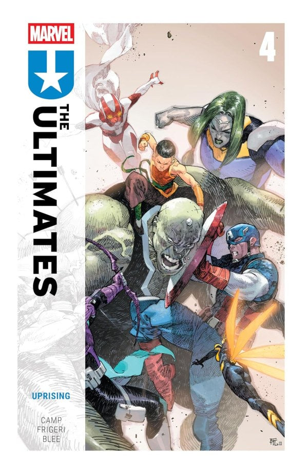 Marvel's The Ultimates #4 comic book cover featuring a dynamic illustrated battle scene with multiple superhero characters. The left side has a white vertical panel with the title 'THE ULTIMATES' and Marvel branding, while the right side shows the comic artwork on a light beige background.