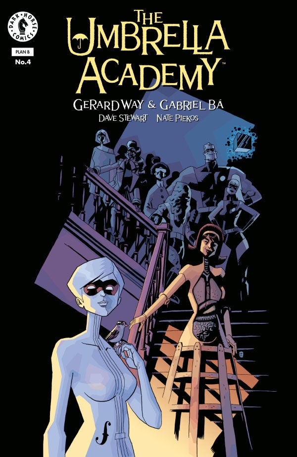 Comic book cover of 'The Umbrella Academy' with characters and title text.