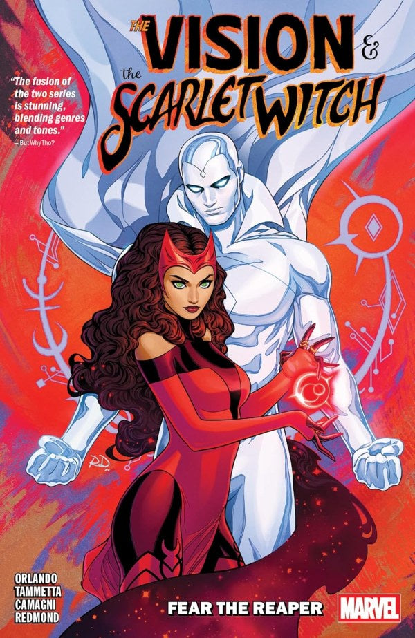 Comic book cover featuring The Vision and The Scarlet Witch with a red and orange background.