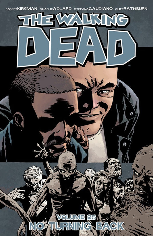 Comic book cover of 'The Walking Dead' with characters and zombies.