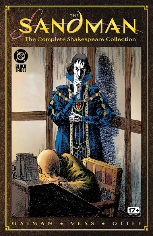 Comic book cover of 'The Sandman: The Complete Shakespeare Collection' with a character in a blue robe and another figure at a desk.