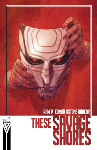 Comic book cover of 'These Savage Shores' with a red background and alien head design.