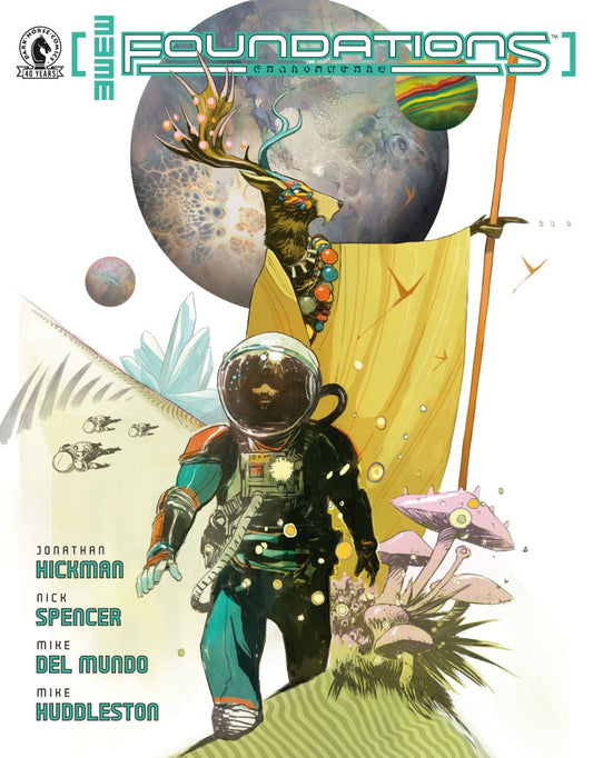 Comic book cover for The Foundations 1: Extraterrestrial, featuring an astronaut walking in a surreal landscape with planets, a deer, and mushrooms. The title 'THE FOUNDATIONS 1' is displayed at the top, with creator names listed on the left.