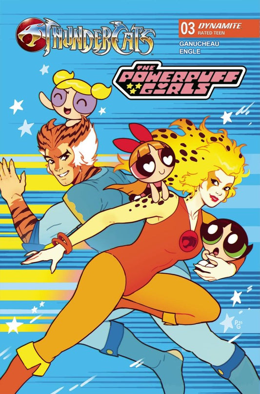 Comic book cover featuring characters from 'ThunderCats' and 'Powerpuff Girls' with a colorful background.